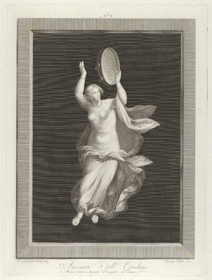 A Partly Naked Bacchante Playing A Tambourine Set Against A Black