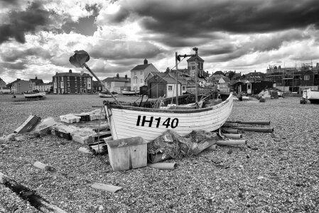 Fishing Boat on Beach black and white