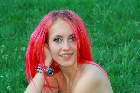 Girl pink hair smile