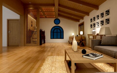 Classic brown and white living room interior with hardwood floor.