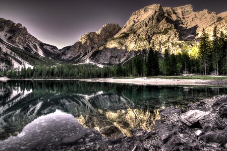 Still Lake Mountain Snow Sunset photo