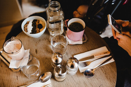 Healthy Eating Breakfast Bowl and Hot Coffees photo