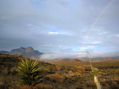 Rainbow in the landscape with fog