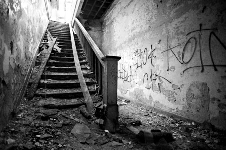 Abandoned Staircase In Black And White