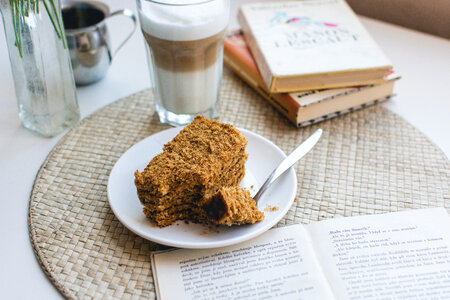 Traditional Czech honey cake with caffe latte photo