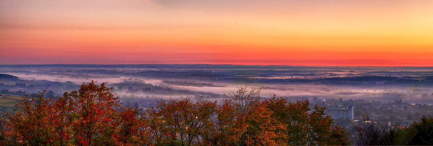 Autumn Trees and Fog over the Town at Dawn photo