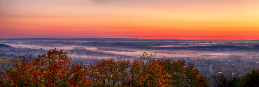 Autumn Trees and Fog over the Town at Dawn