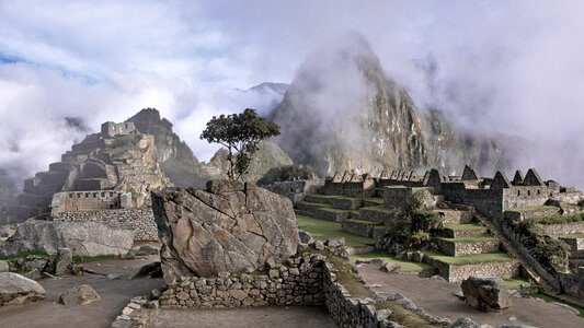 Ruins close-up and view of the temples in Machu Picchu, Peru photo
