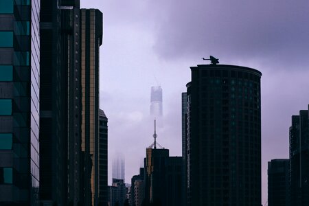 Towers high rises fog