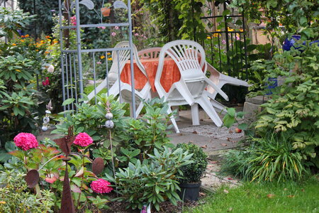 Patio in a colorful garden photo