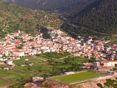 Village buildings mountains