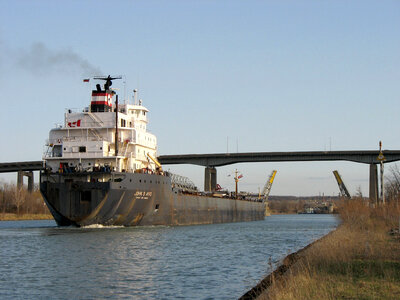 Lake freighter John B. Aird traversing the Welland Canal in St. Catharines, Ontario, Canada