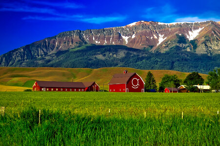 Landscape of the farm with mountains behind in Oregon photo