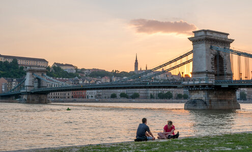 Dusk by the Buda Castle Hill and the Chain Bridge in Budapest, Hungary photo