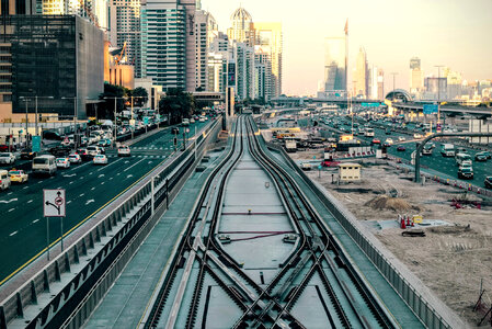 Roads, railroad, and buildings in Dubai, United Arab Emirates, UAE