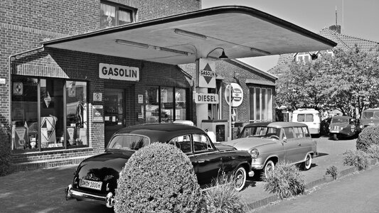Vintage Gas Station Black White photo