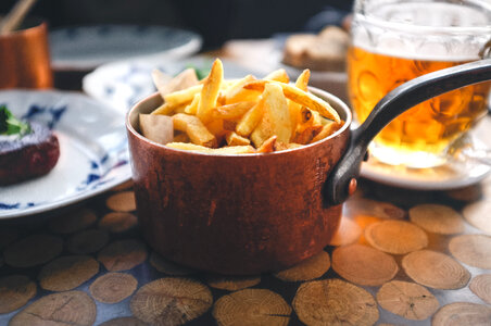 French fries with steak and beer photo