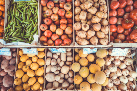 In the Marketplace Boxes with Vegetables and Fruits photo