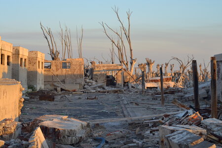 Destroyed building and pile of debris