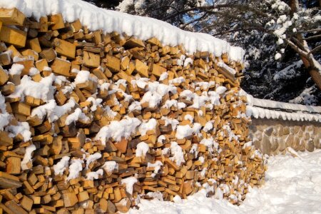 A woodpile of dry fire wood in the winter photo