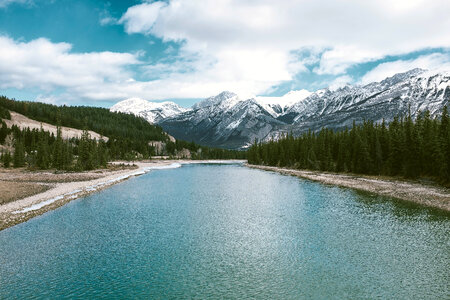 Scenic River Landscape and mountains in Jasper National Park, Alberta, Canada photo