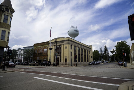 Street Corner in Mount Horeb, Wisconsin with Water Tower