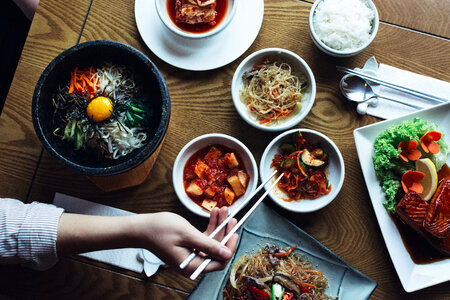 Bibimbap, Kimchi and other traditional Korean food photo