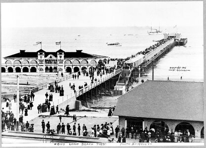 Long Beach pier, 1905 with people and buildings in the Greater Los Angeles Area, California photo