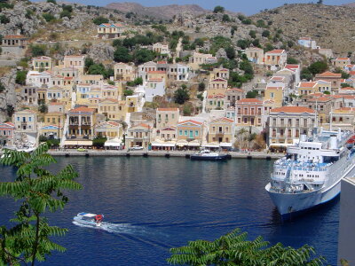 he town of Gialos on Symi island in Greece photo