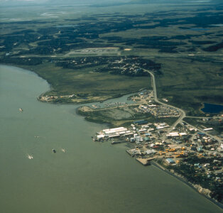 Shoreline and the town of Dillingham, Alaska