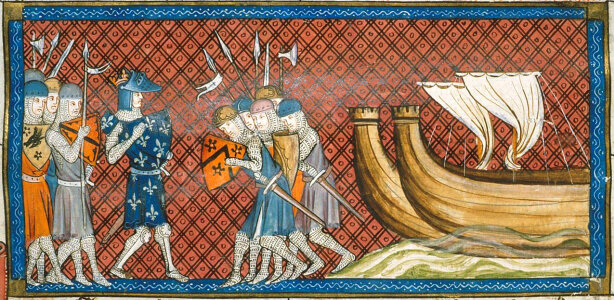King Philip II of France arriving in the Eastern Mediterranean during the Crusades