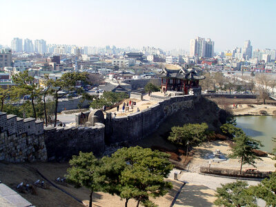 Hwaseong Fortress and the skyline of Suwon in South Korea
