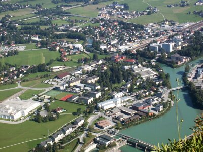 Cityscape layout with town and buildings in Hallein, Austria photo