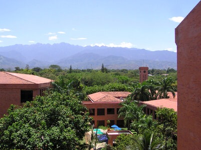 University Icesi and farallones of Cali with mountains behind in the landscape in Cali, Colombia photo
