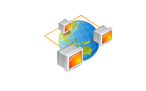 Laptops against world map background. Connection and cooperation photo