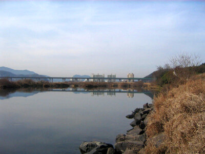 Miryang city centre as seen from across the Miryang River in South Korea photo