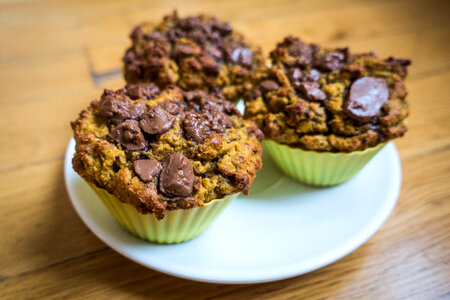 Homemade muffins with huge chunks of chocolate photo