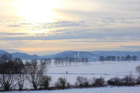 Snowy fields in front of the Harz mountains photo