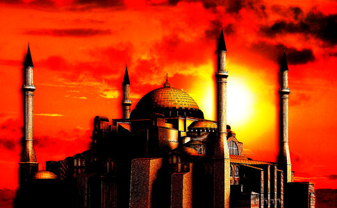 Sunset and red skies over the Hagia Sophia in Istanbul, Turkey photo