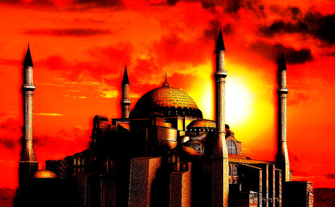 Sunset and red skies over the Hagia Sophia in Istanbul, Turkey