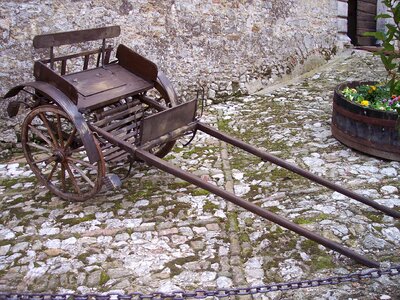 Wood wheels stone floor shopping cart
