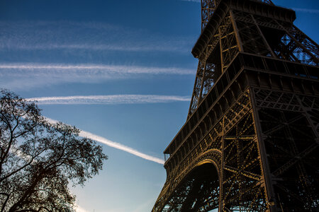 Closeup of Eiffel Tower against Blue Sky photo