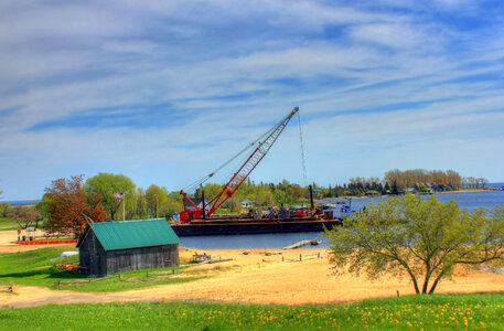 Construction boat on Lake Superior in the Upper Peninsula, Michigan photo
