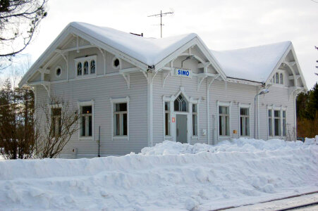Snow covered railway station in Simo, Finland photo
