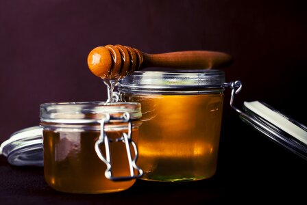 Honey with wood stick photo