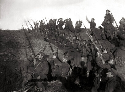 Bulgarian soldiers in a trench during World War I photo