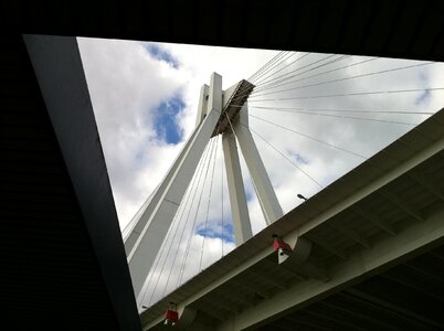 Steel cables suspension bridge by looking photo