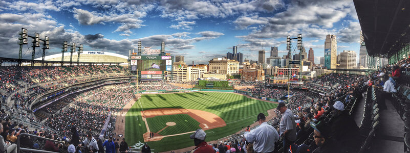 Detroit Tigers baseball field under the clouds in Detroit, Michigan photo
