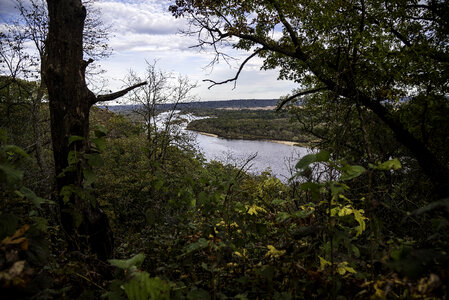 Wisconsin River landscape through the trees at Ferry Bluff