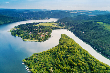 Aerial view. Beautiful landscape with river and forest in summer photo